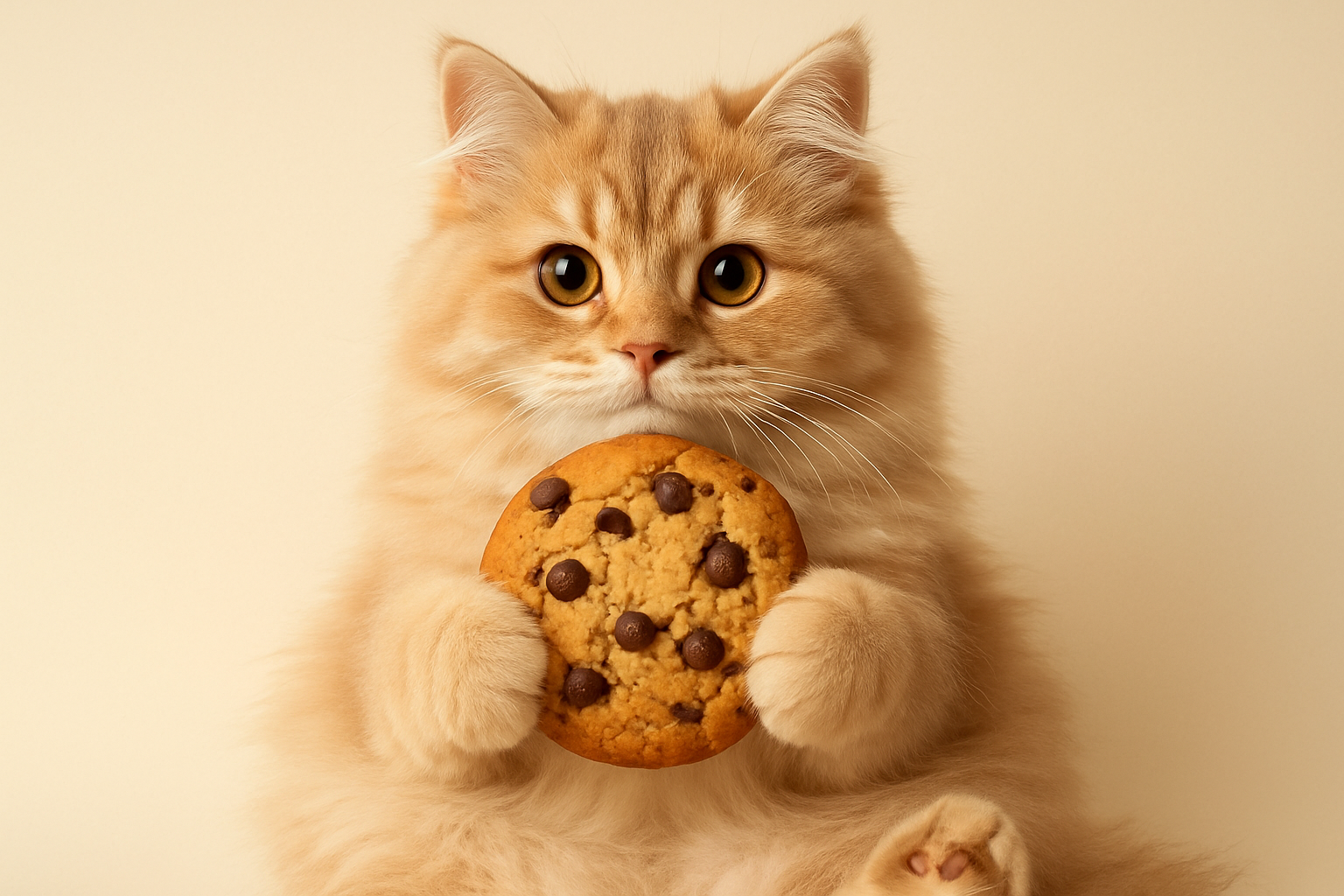 a cute cat holding a chocolate chip cookie with a cream or white backround